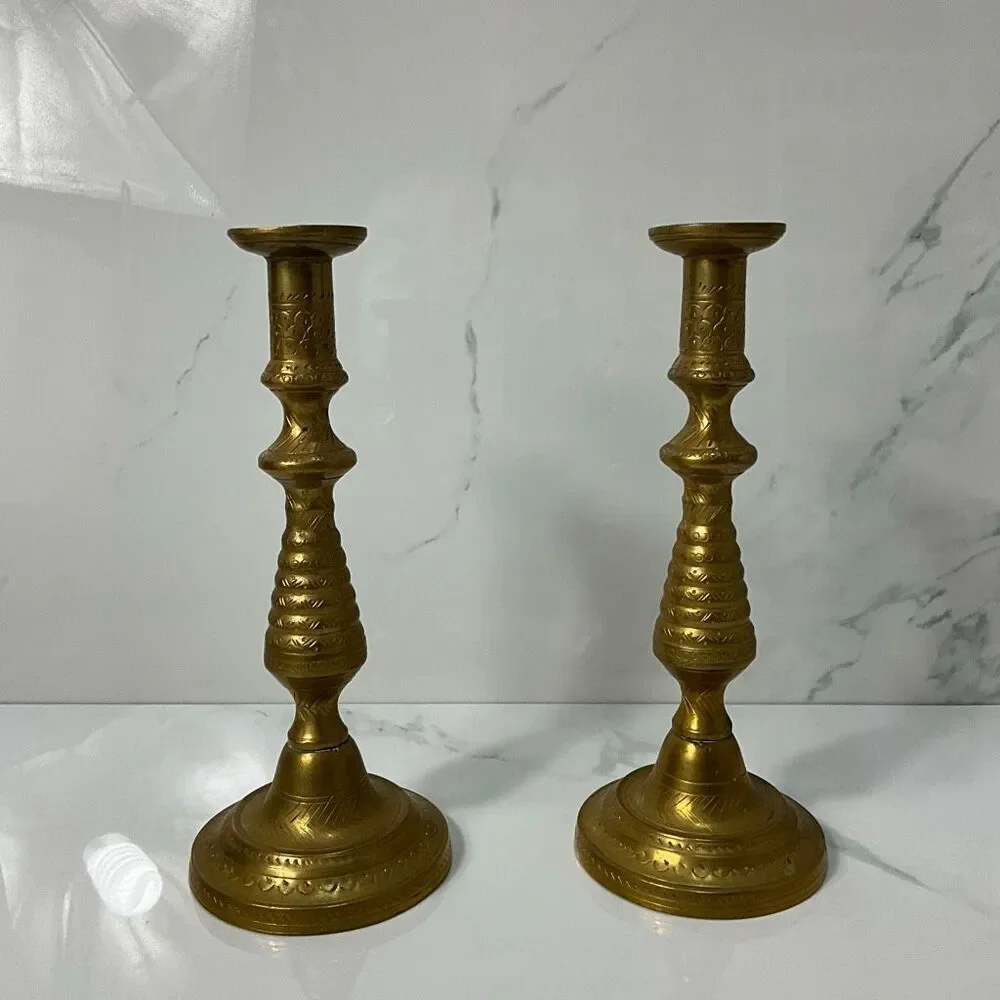 Pair Of VINTAGE Etched Brass Candle Holders